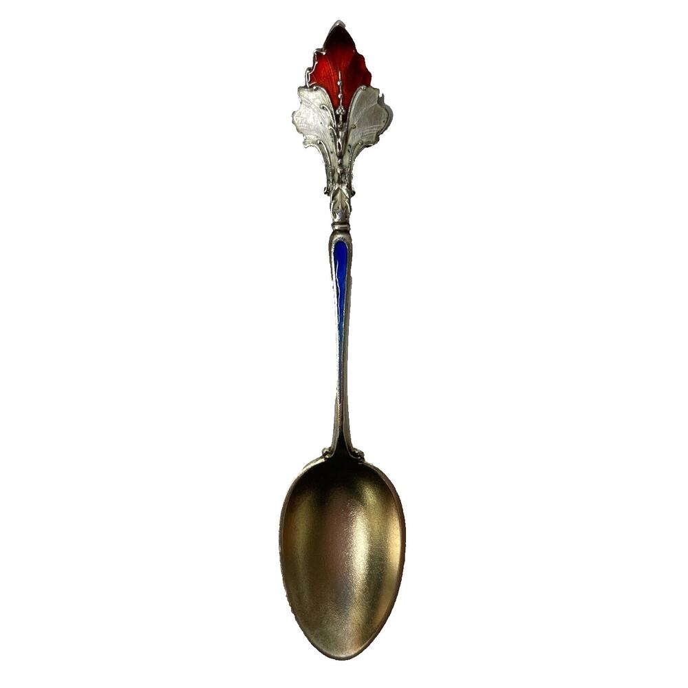 Rare Antique Silver Souvenir Spoon 4.7 inch Red Blue Enamel Handle Collectable